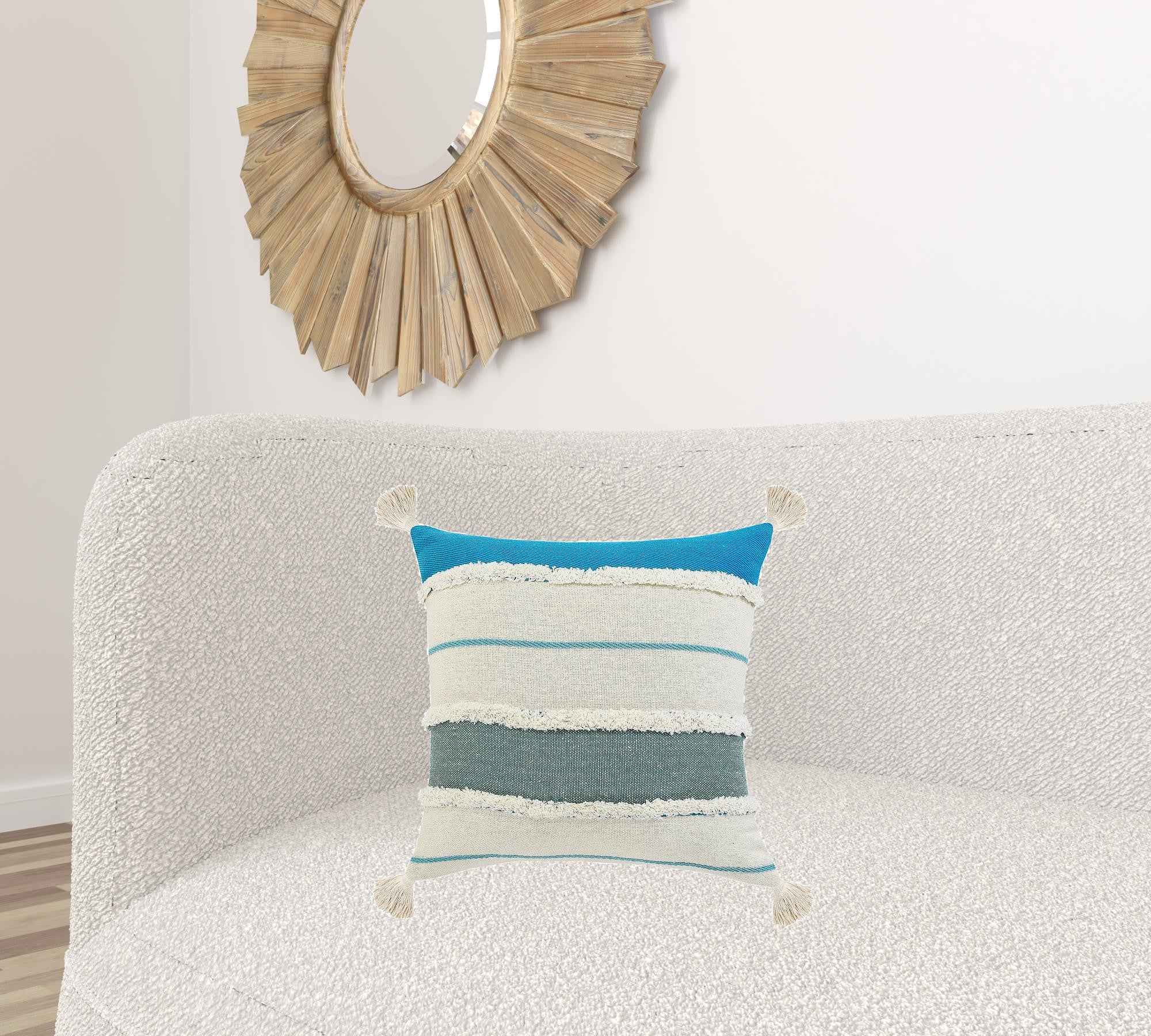 20" X 20" Aqua Jade Turquoise And White 100% Cotton Striped Zippered Pillow