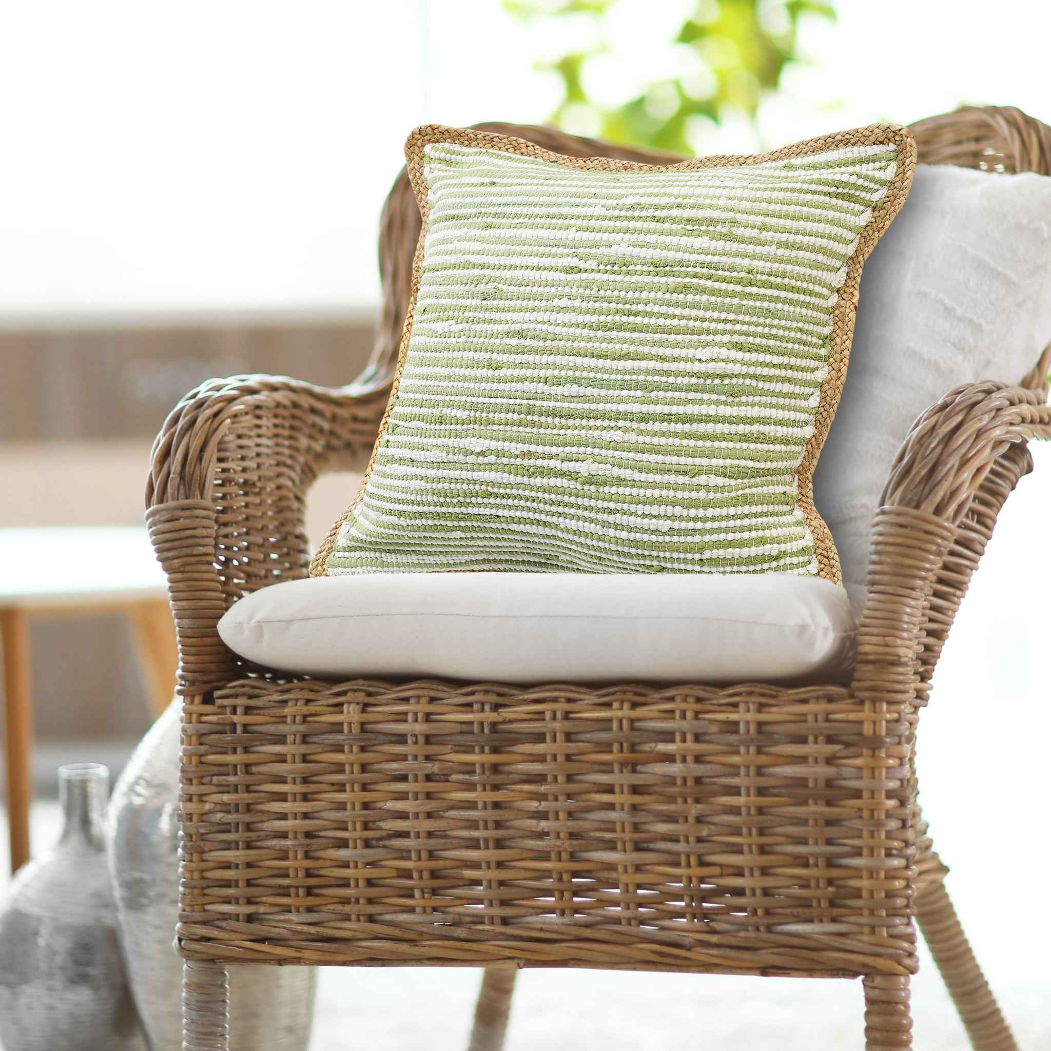 20" X 20" Sweet Pea Green, White And Tan 100% Cotton Striped Zippered Pillow