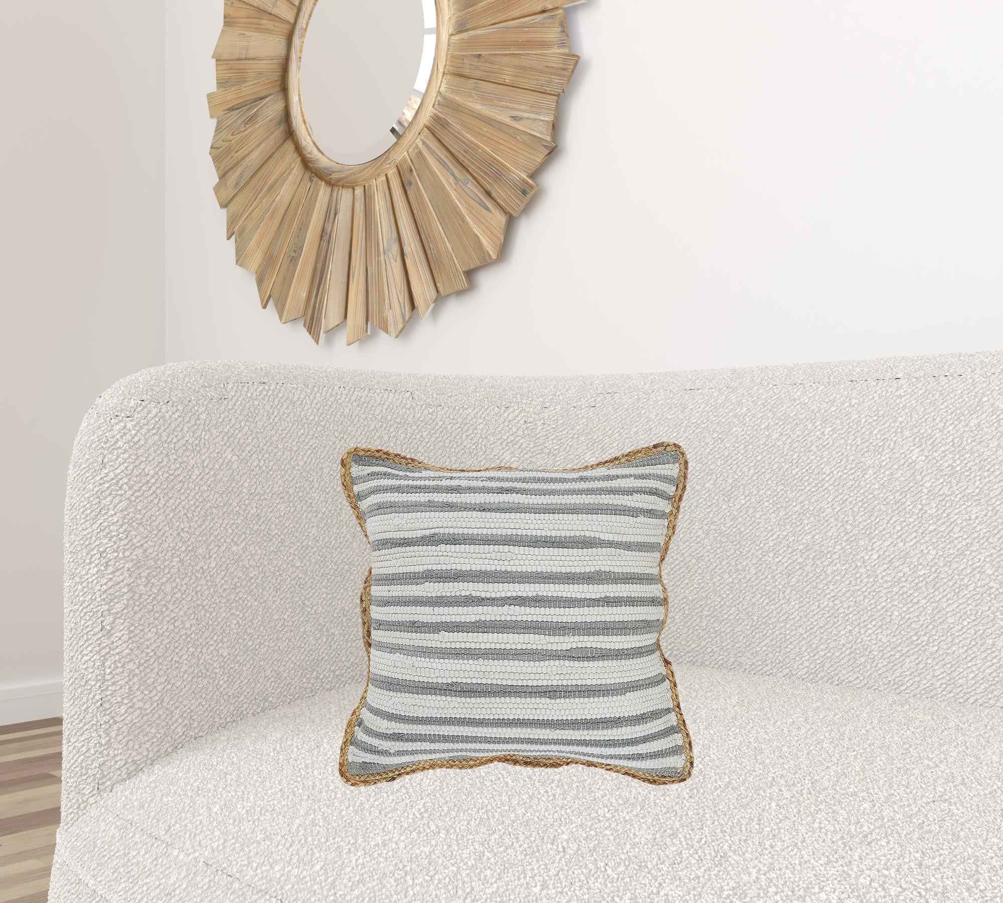 18" X 18" White Gray And Tan 100% Cotton Striped Zippered Pillow