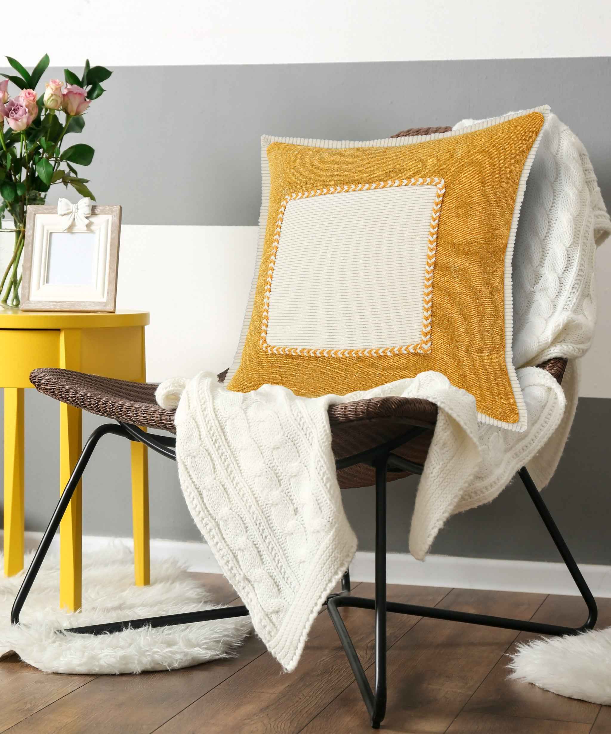 20" X 20" Golden Glow And Cream 100% Cotton Zippered Pillow