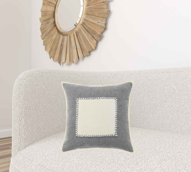20" X 20" Gray And Cream 100% Cotton Zippered Pillow