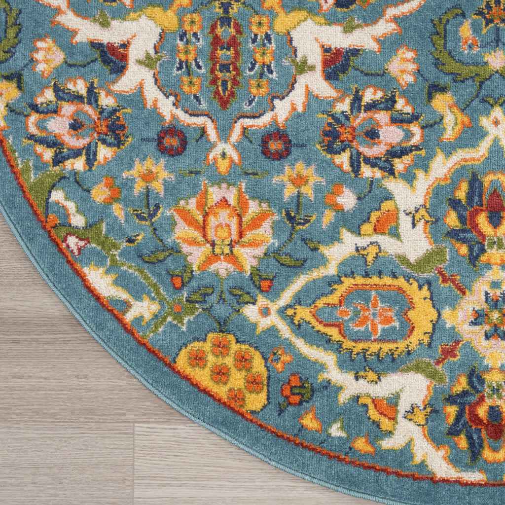 8' Blue Round Floral Power Loom Area Rug