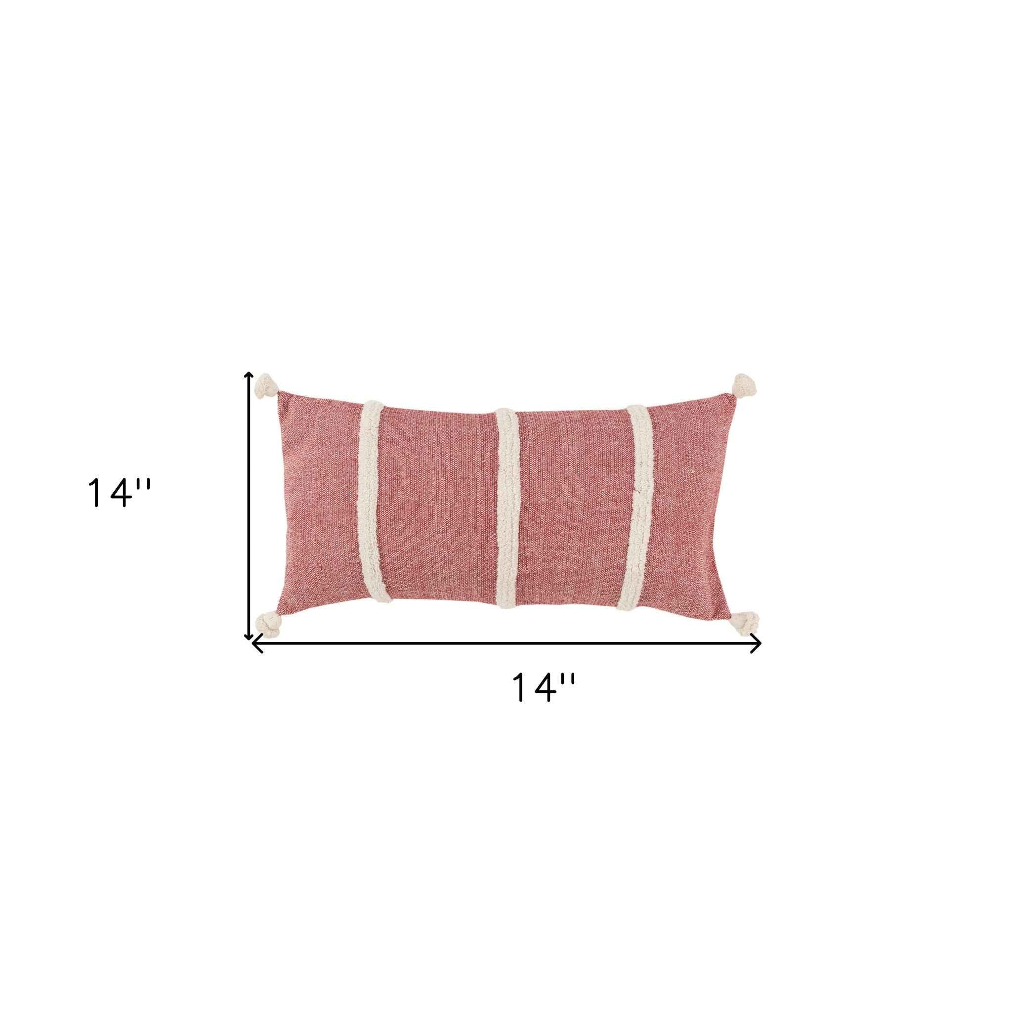 14" X 14" Red and White Cotton Pillow With Tassels Edges