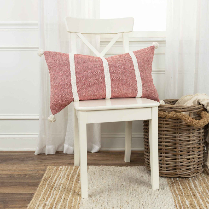 14" X 14" Red and White Cotton Pillow With Tassels Edges