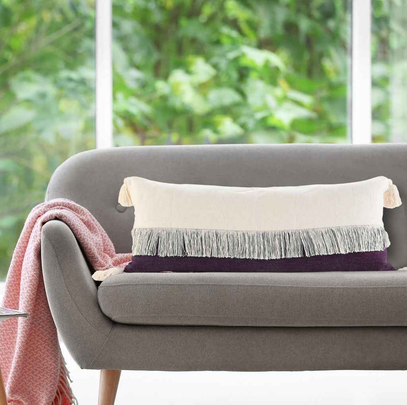 14" X 36" Purple And Off-White 100% Cotton Zippered Pillow