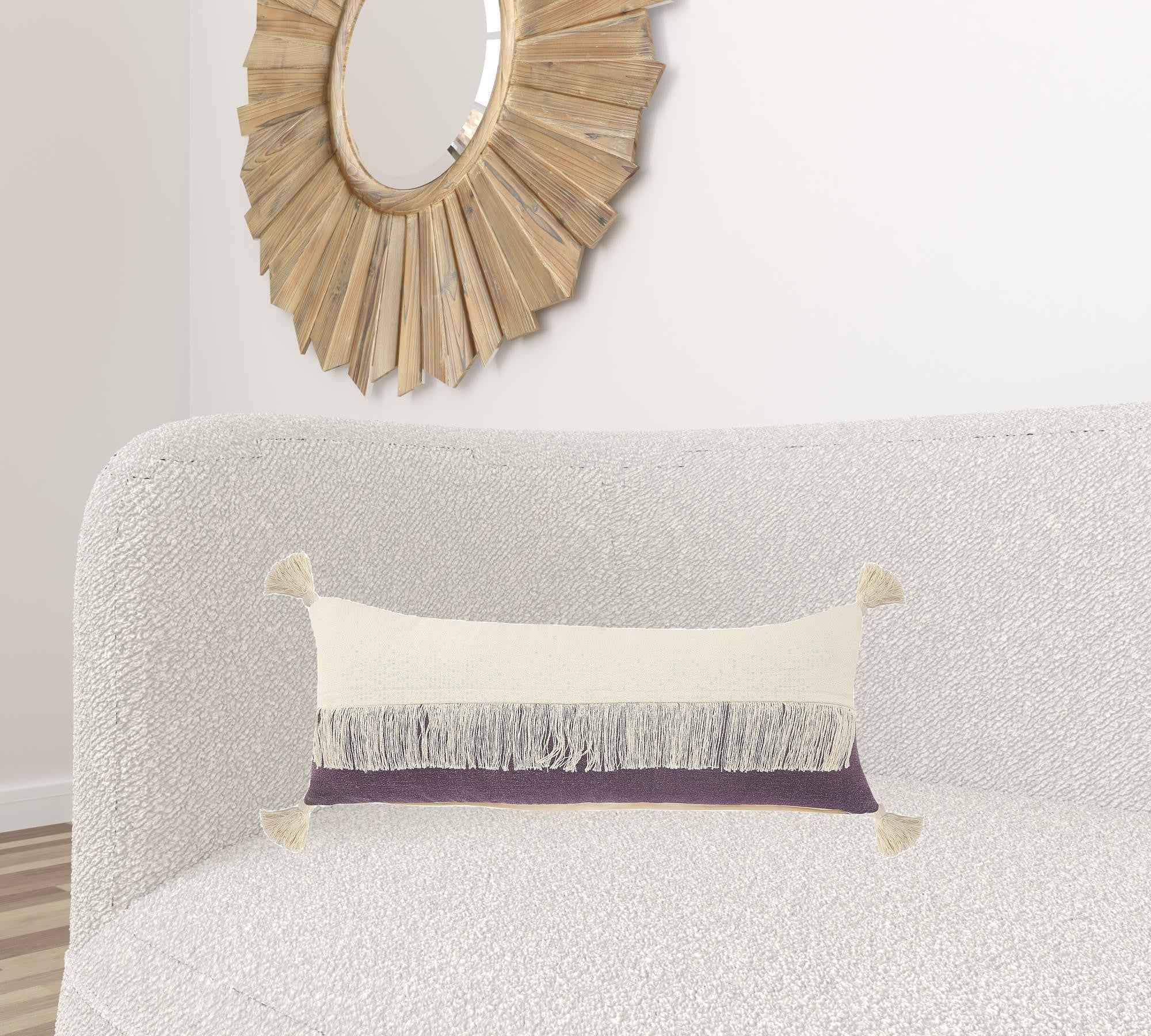 14" X 36" Purple And Off-White 100% Cotton Zippered Pillow