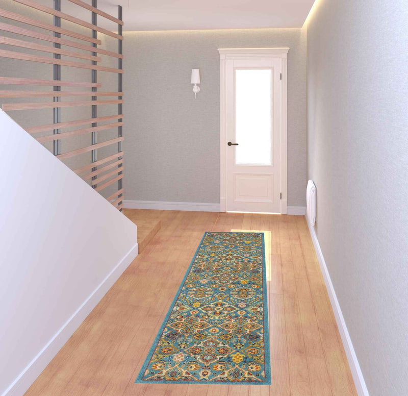 8' Blue Floral Power Loom Runner Rug