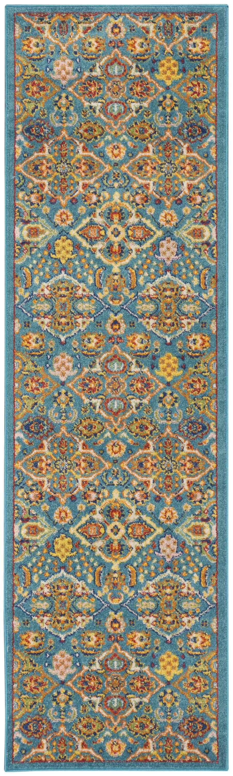 8' Blue Floral Power Loom Runner Rug