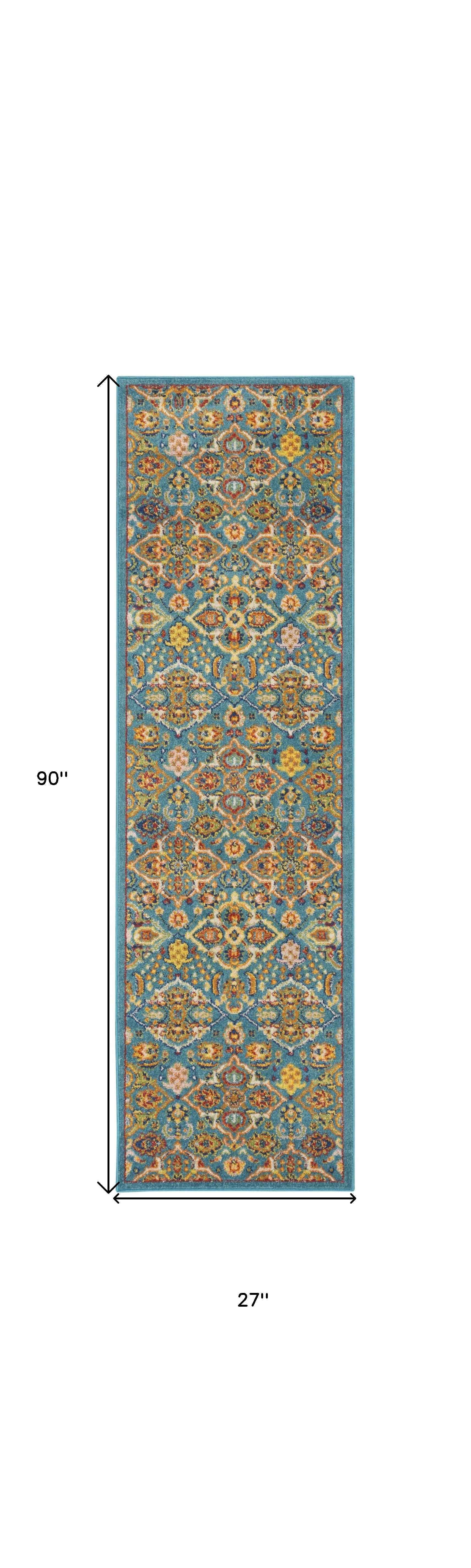 8' Blue Floral Power Loom Runner Rug