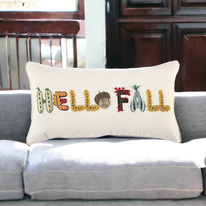 14" X 14" Yellow and White Thanksgiving Cotton Pillow With Embroidery Edges