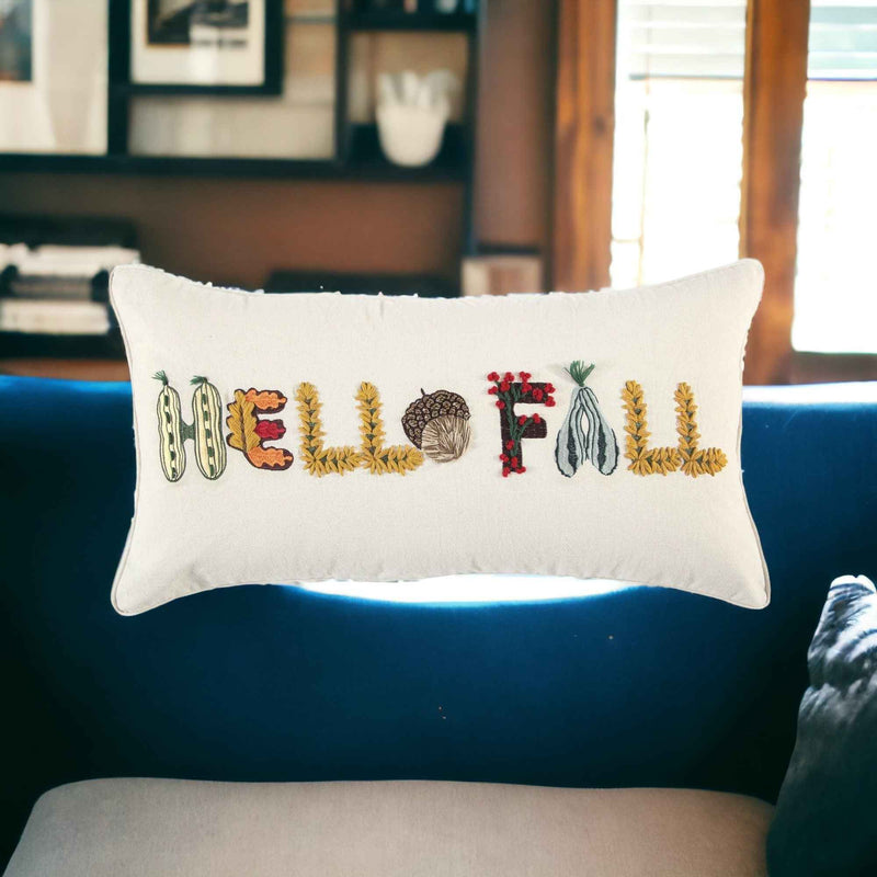 14" X 14" Yellow and White Thanksgiving Cotton Pillow With Embroidery Edges