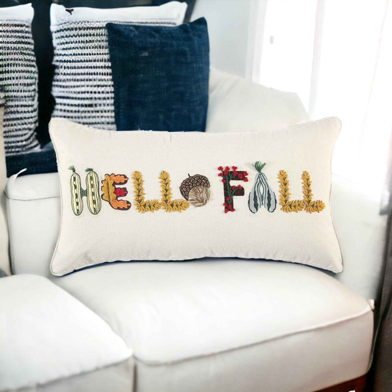 14" X 14" Yellow and White Thanksgiving Cotton Pillow With Embroidery Edges