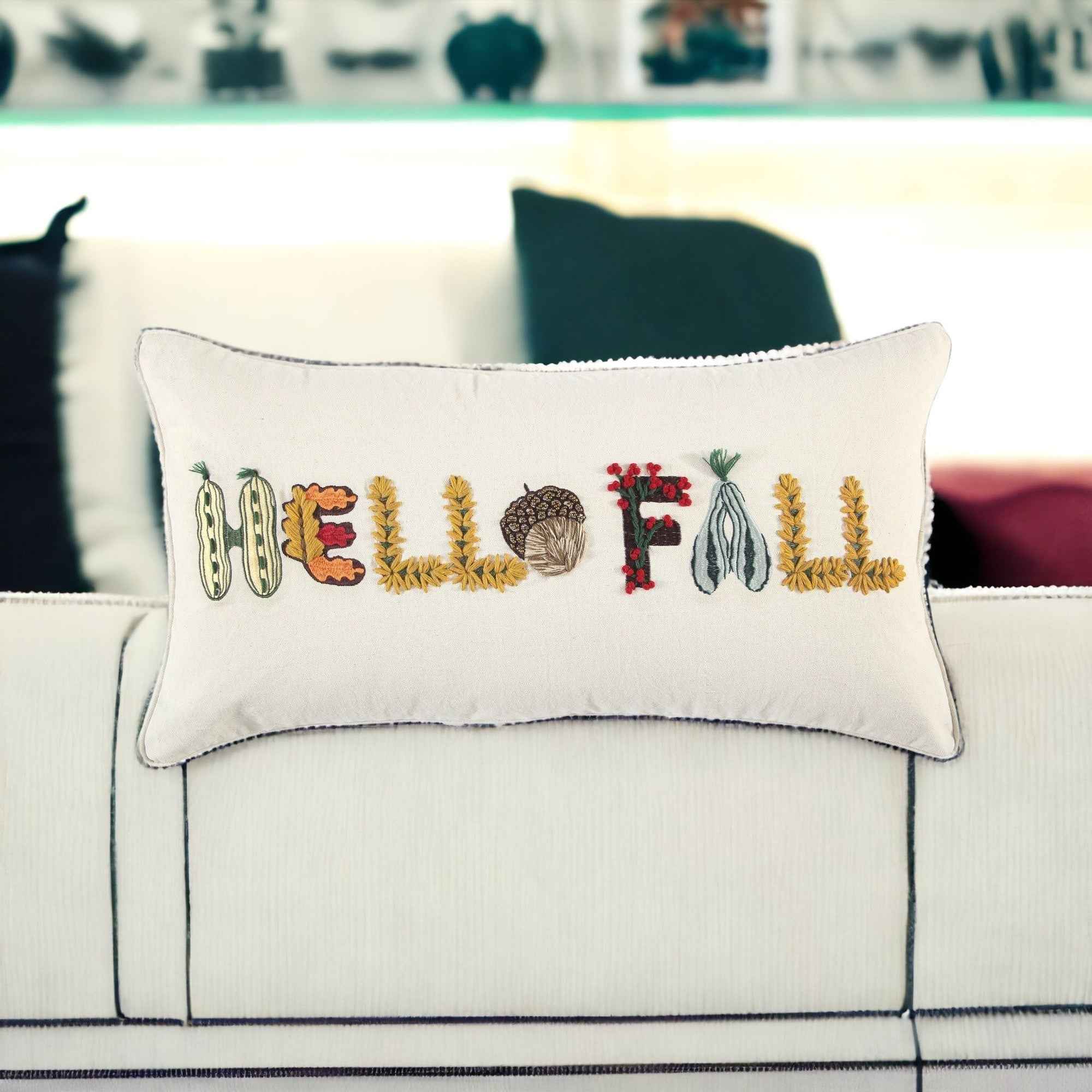 14" X 14" Yellow and White Thanksgiving Cotton Pillow With Embroidery Edges