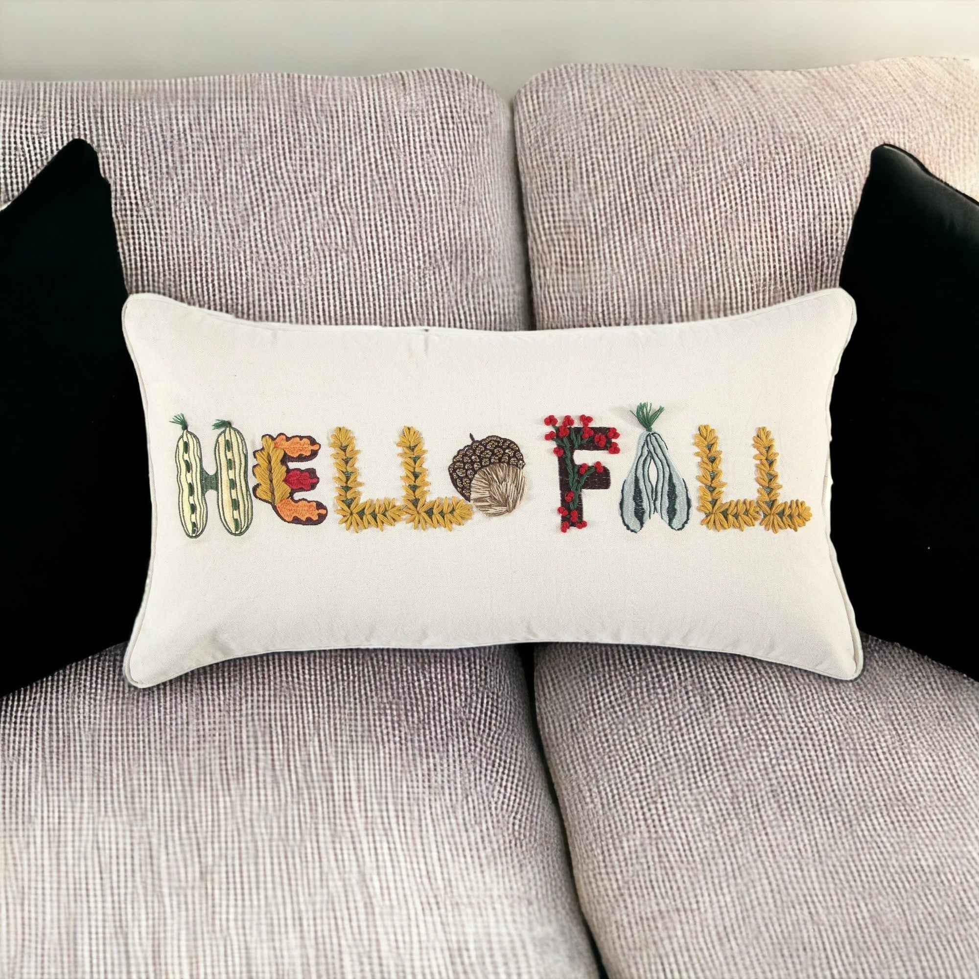 14" X 14" Yellow and White Thanksgiving Cotton Pillow With Embroidery Edges