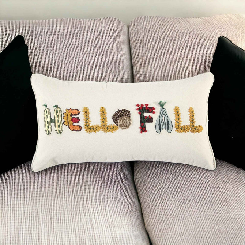 14" X 14" Yellow and White Thanksgiving Cotton Pillow With Embroidery Edges