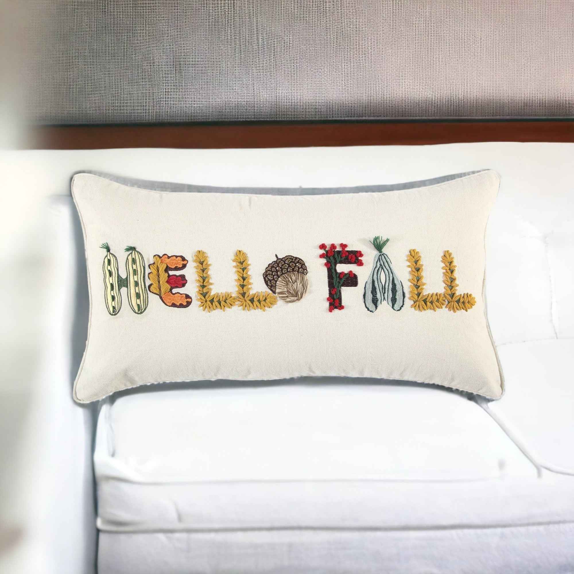 14" X 14" Yellow and White Thanksgiving Cotton Pillow With Embroidery Edges