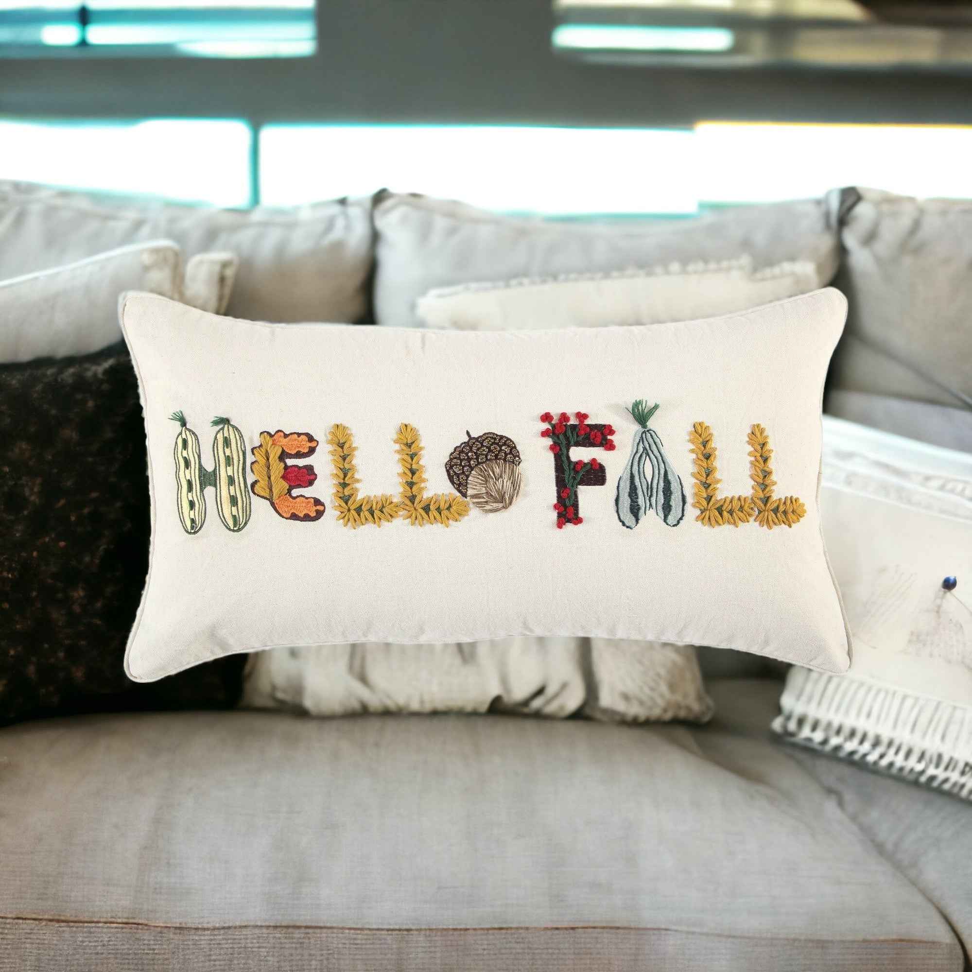 14" X 14" Yellow and White Thanksgiving Cotton Pillow With Embroidery Edges