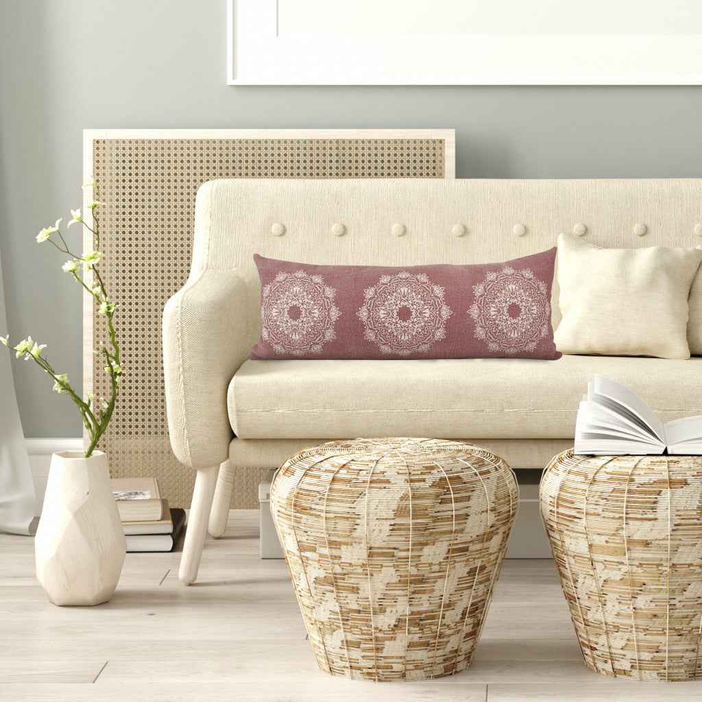 14" X 36" Dusty Rose And White 100% Cotton Geometric Zippered Pillow