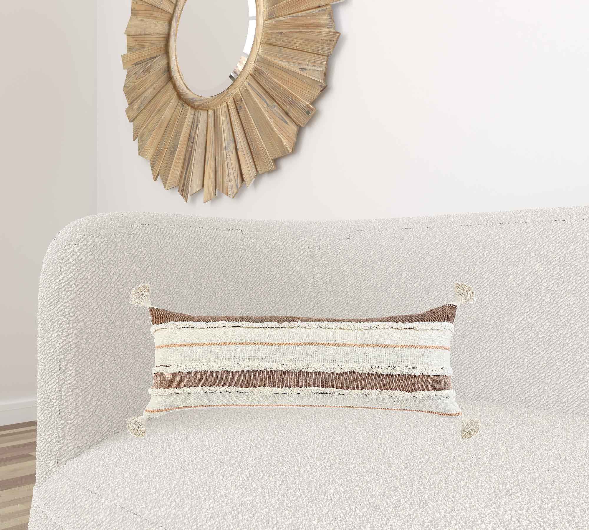 14" X 36" Brown And Off-White 100% Cotton Striped Zippered Pillow