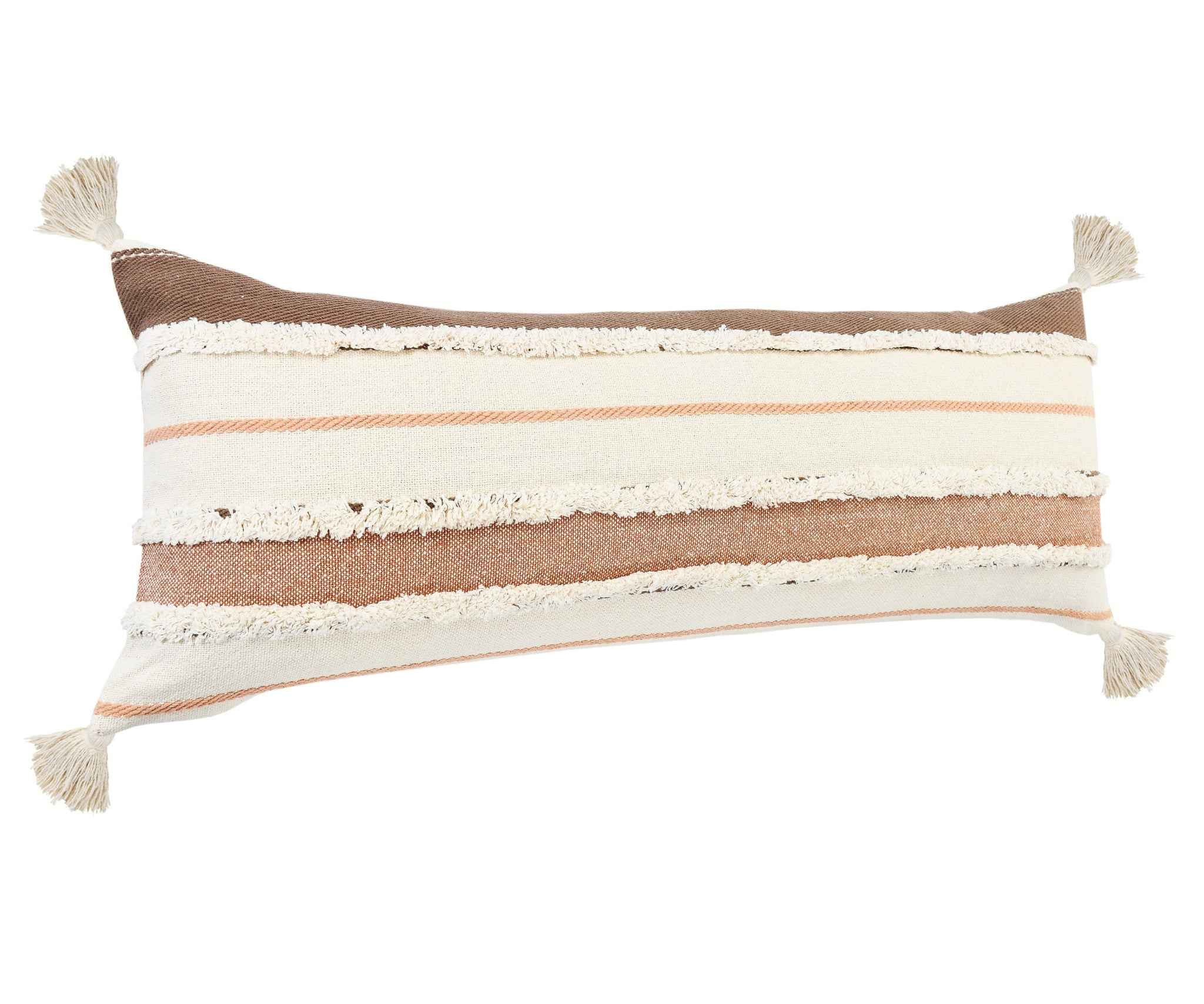 14" X 36" Brown And Off-White 100% Cotton Striped Zippered Pillow