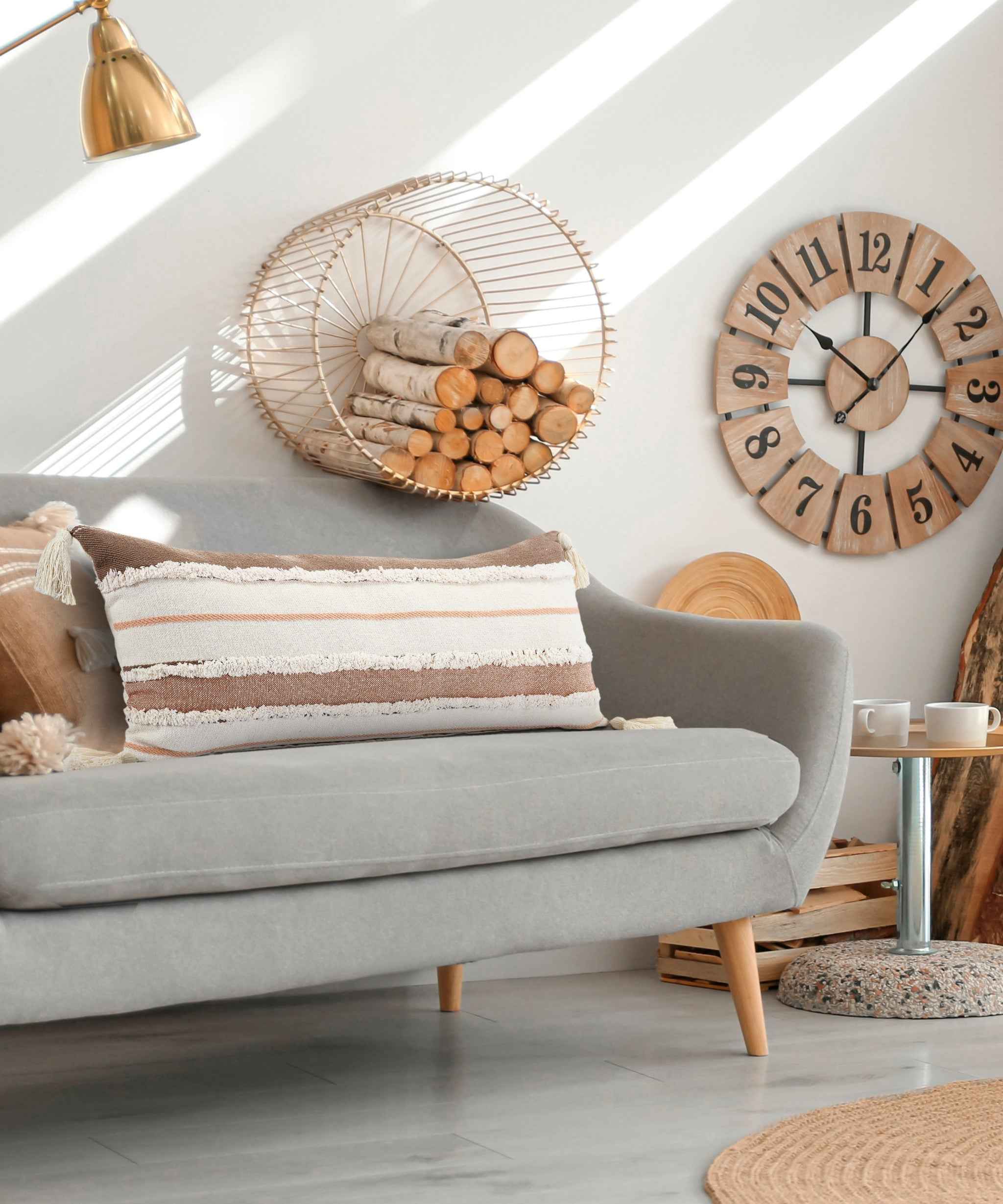 14" X 36" Brown And Off-White 100% Cotton Striped Zippered Pillow