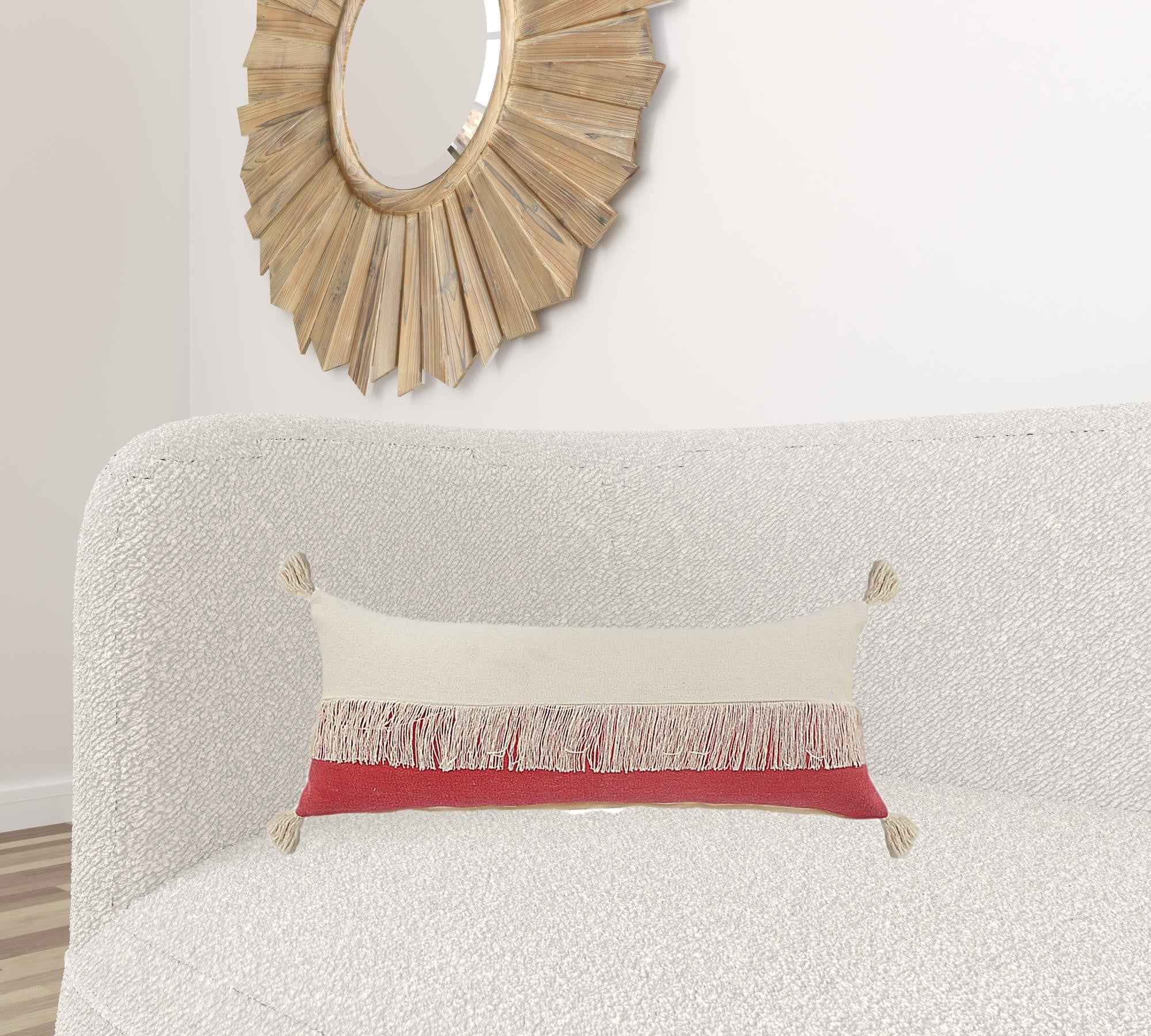 14" X 36" Raspberry Red And Off-White 100% Cotton Zippered Pillow