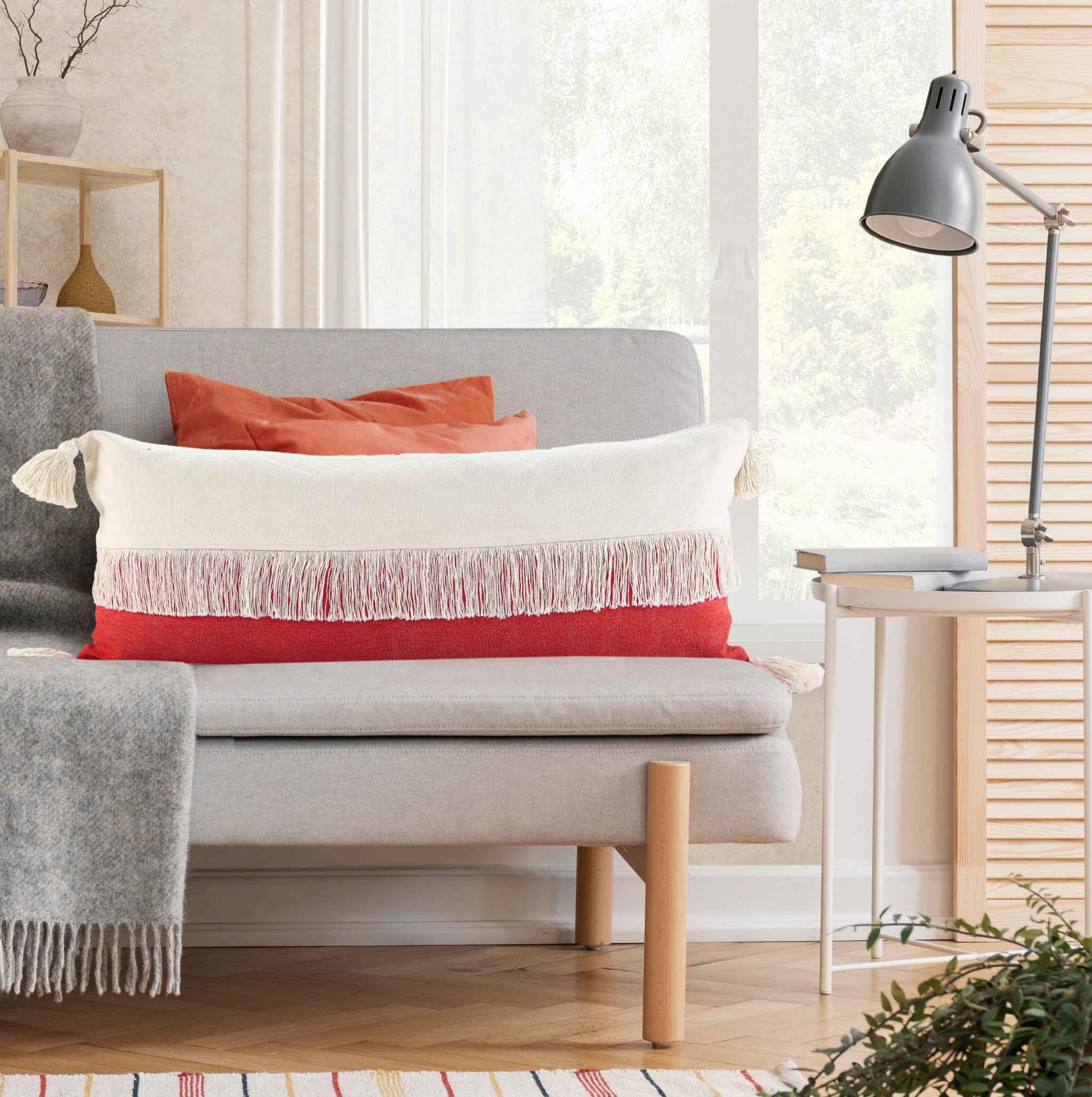 14" X 36" Raspberry Red And Off-White 100% Cotton Zippered Pillow