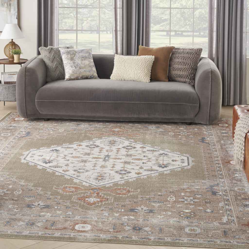 9' x 12' Khaki Oriental Power Loom Distressed Washable Area Rug