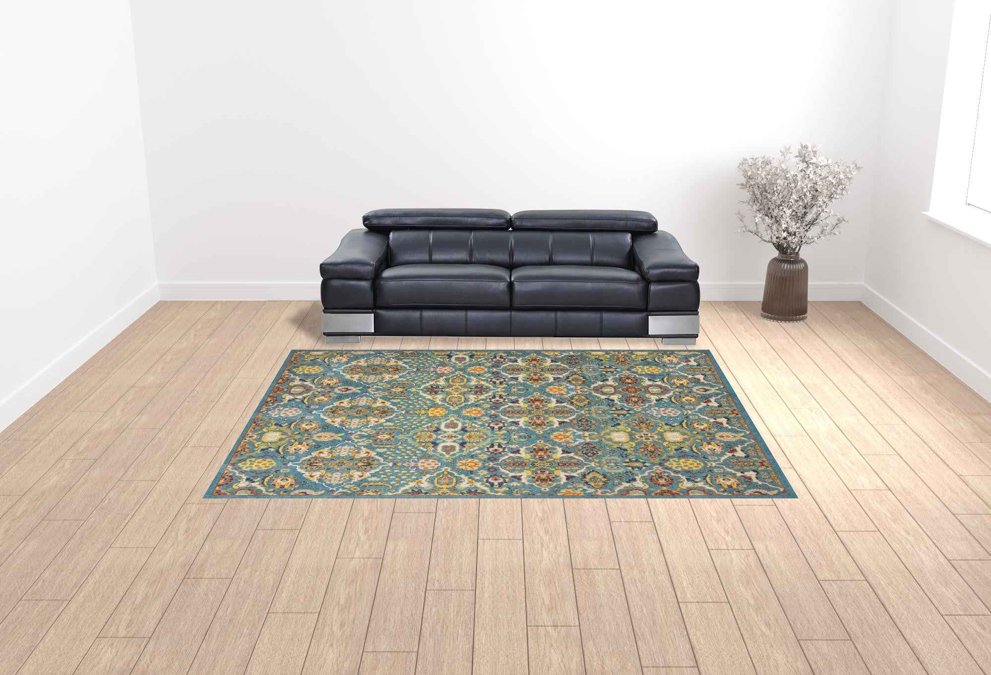 9' x 12' Teal and Gold Floral Power Loom Area Rug