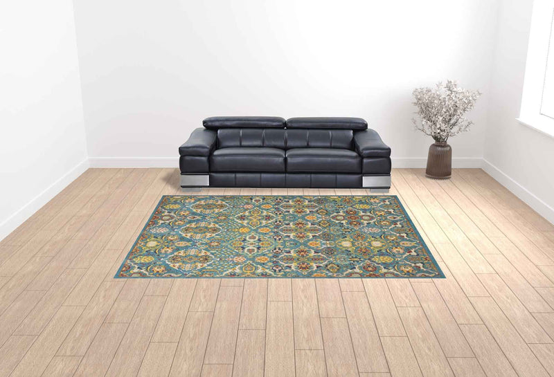 9' x 12' Teal and Gold Floral Power Loom Area Rug