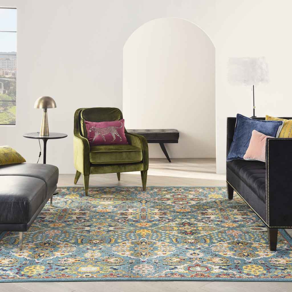 9' x 12' Teal and Gold Floral Power Loom Area Rug