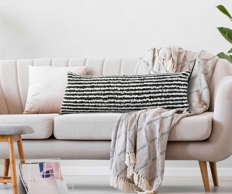 14" X 36" Black And Cream 100% Cotton Striped Zippered Pillow