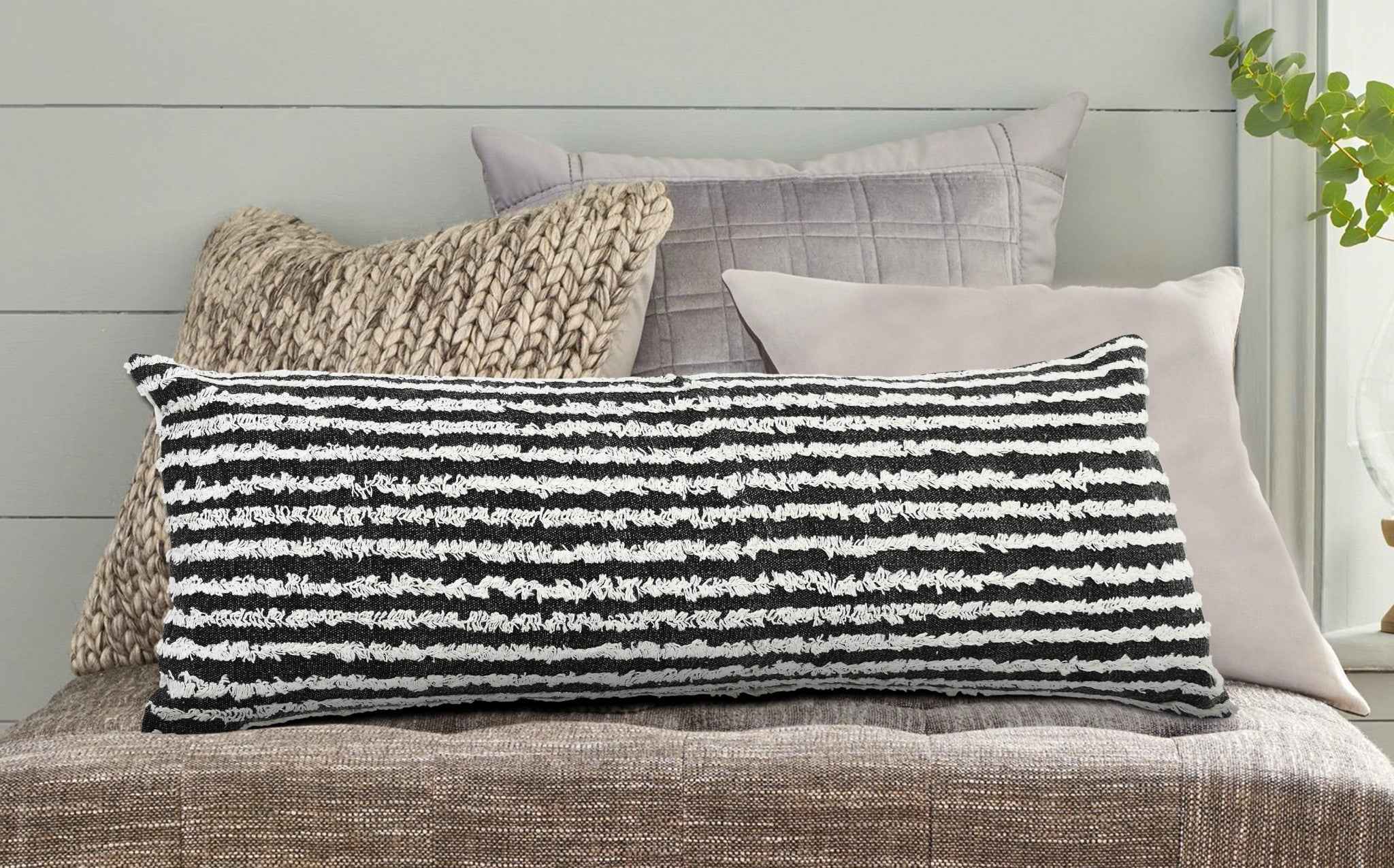 14" X 36" Black And Cream 100% Cotton Striped Zippered Pillow