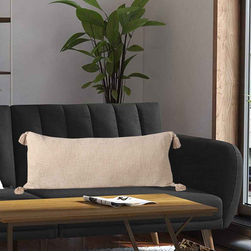 14" X 36" Beige 100% Cotton Zippered Pillow