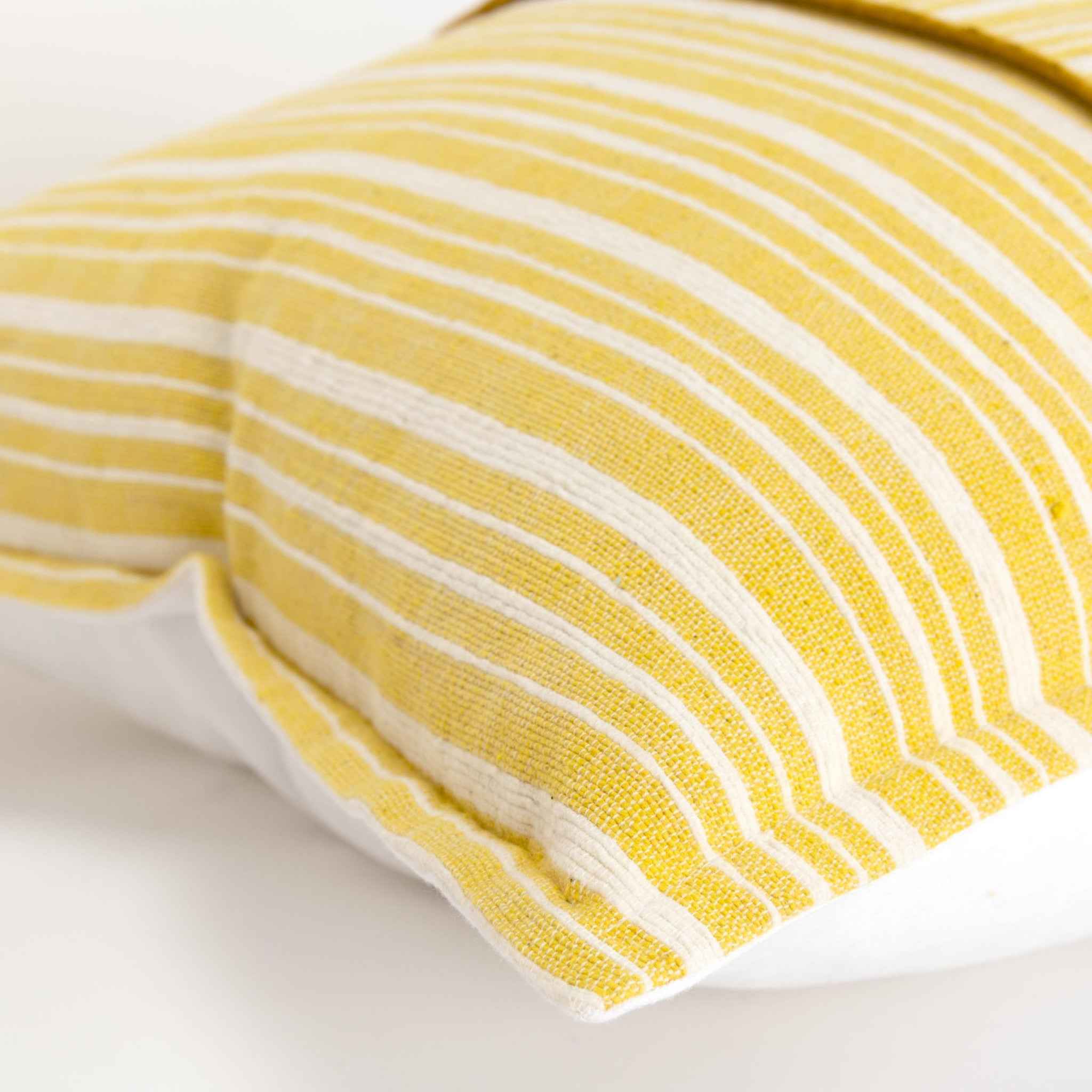 20" Yellow and White Cotton Pillow With Embroidery Edges