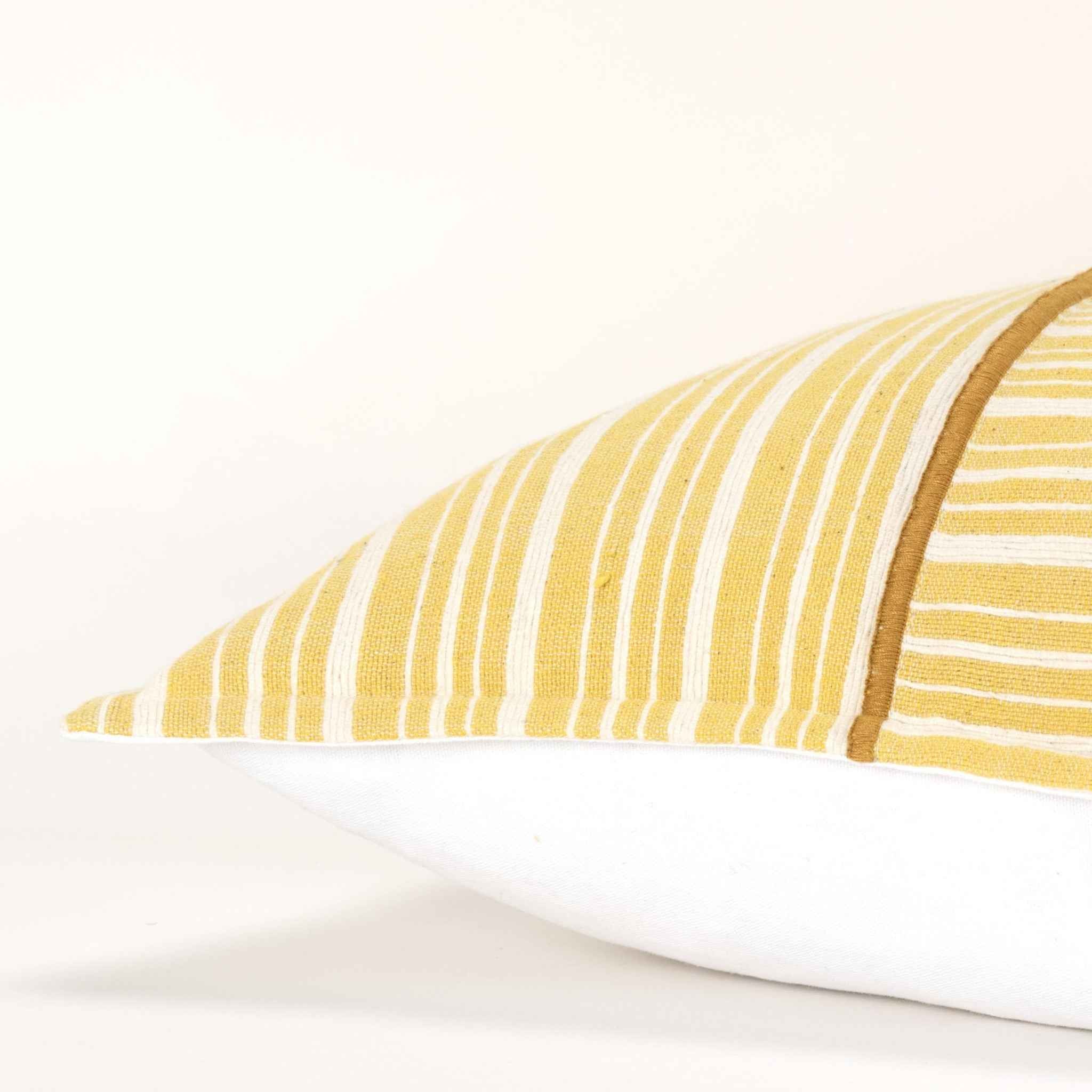 20" Yellow and White Cotton Pillow With Embroidery Edges