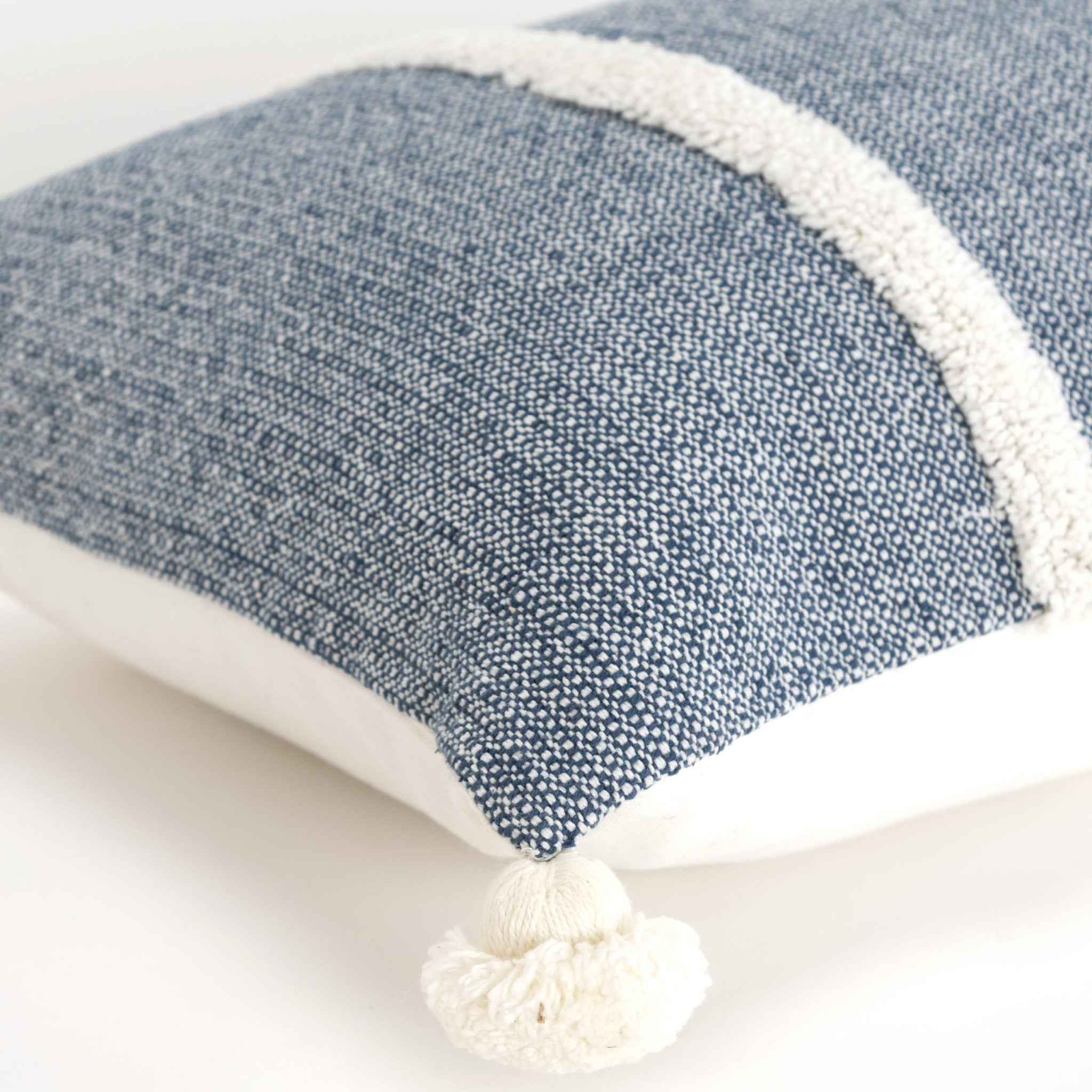 14" X 14" Blue and White Cotton Pillow With Tassels Edges
