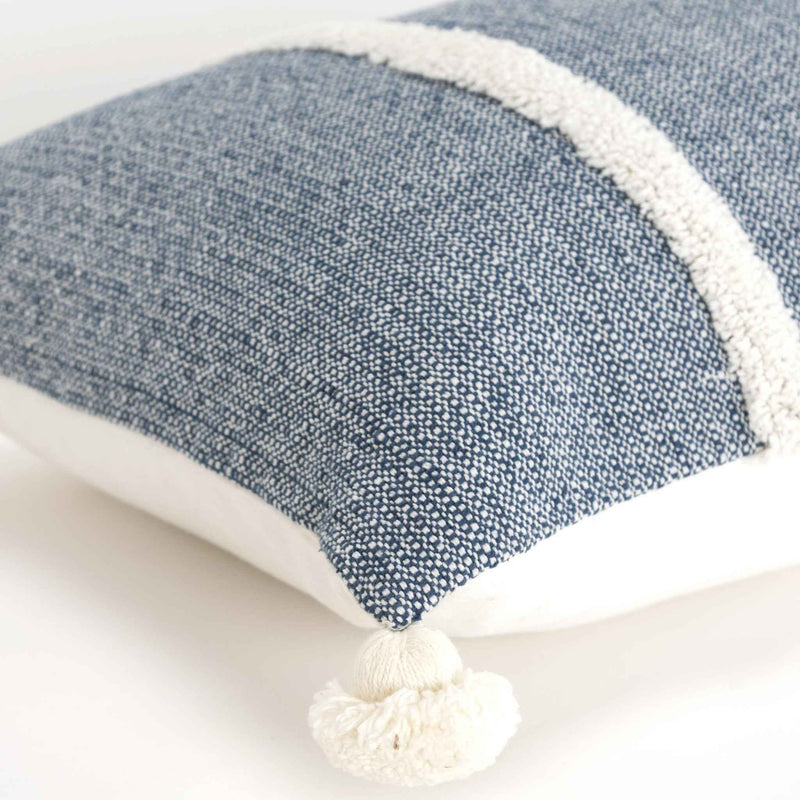 14" X 14" Blue and White Cotton Pillow With Tassels Edges