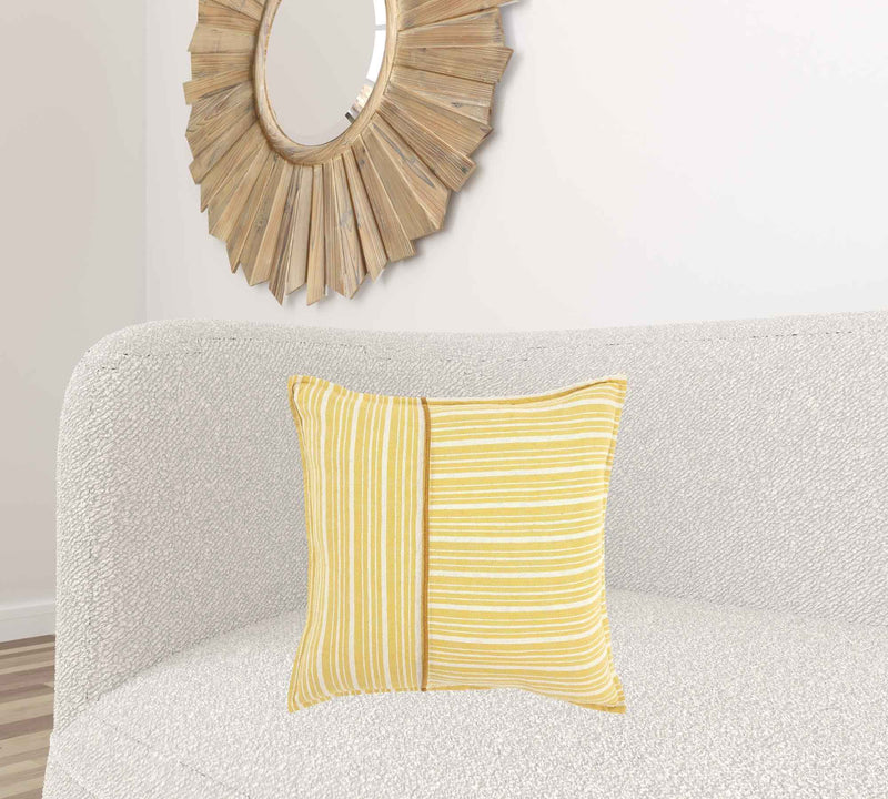 20" Yellow and White Cotton Pillow With Embroidery Edges