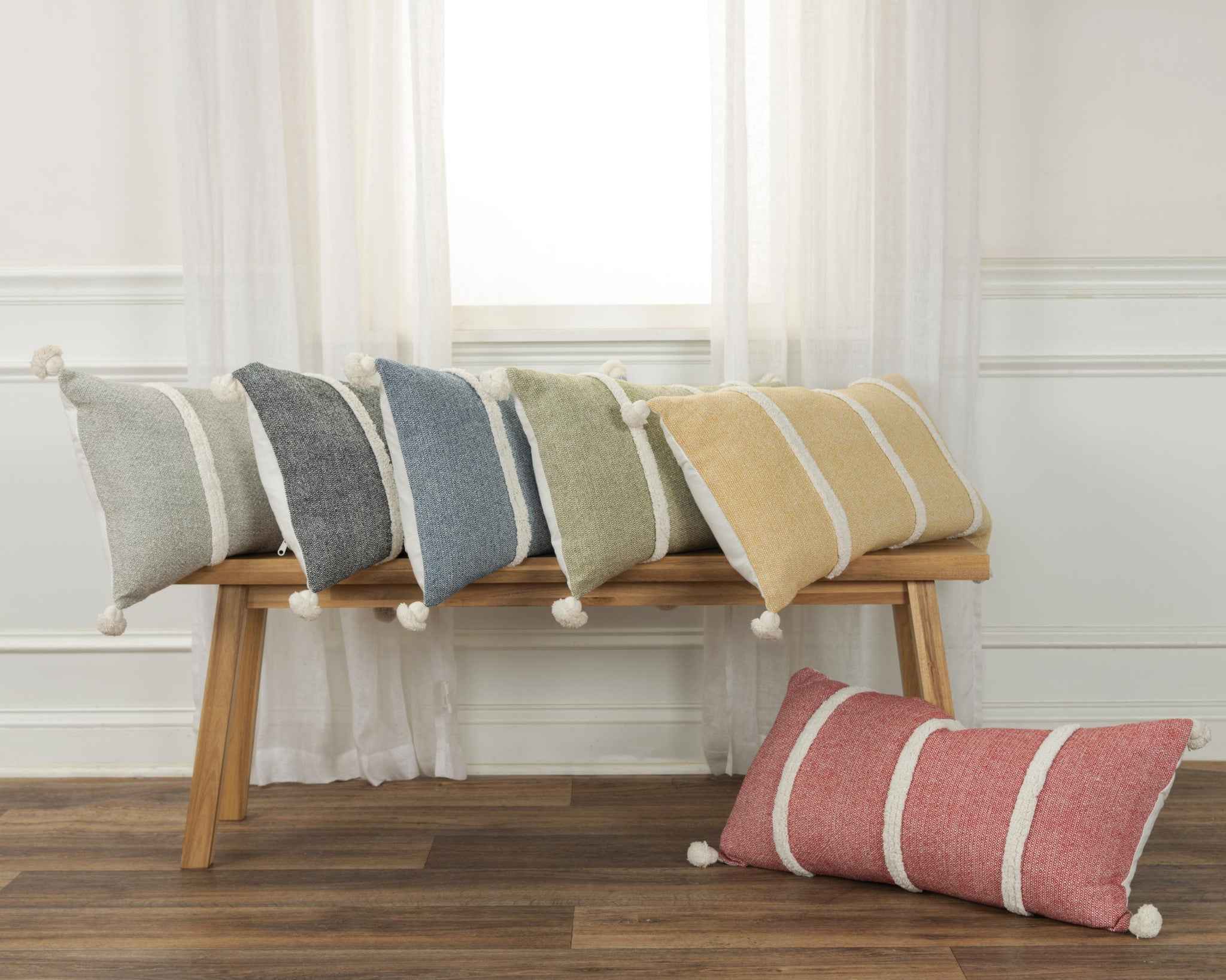 14" X 14" Blue and White Cotton Pillow With Tassels Edges