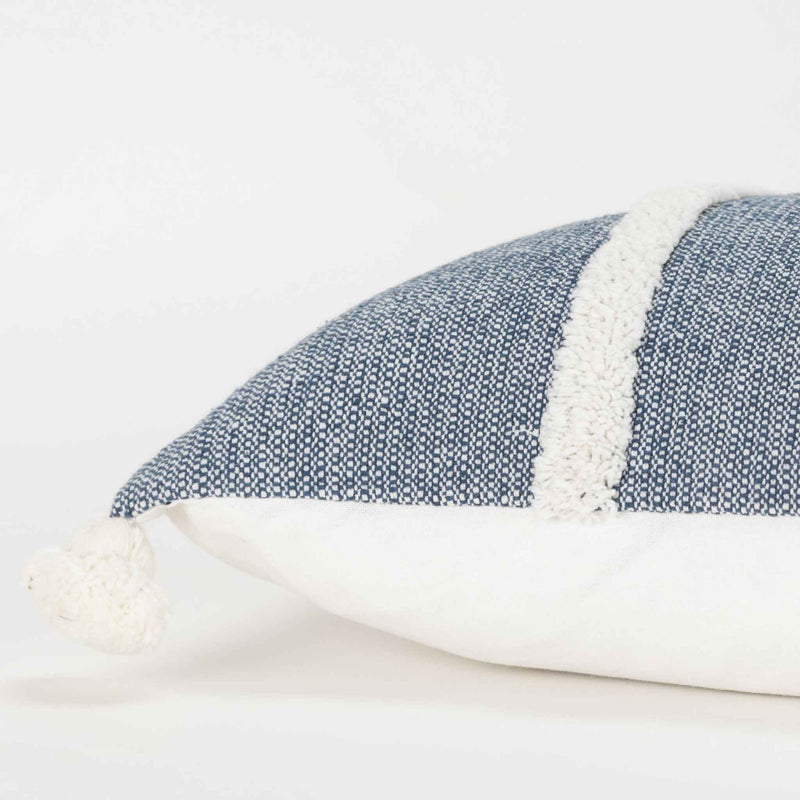 14" X 14" Blue and White Cotton Pillow With Tassels Edges