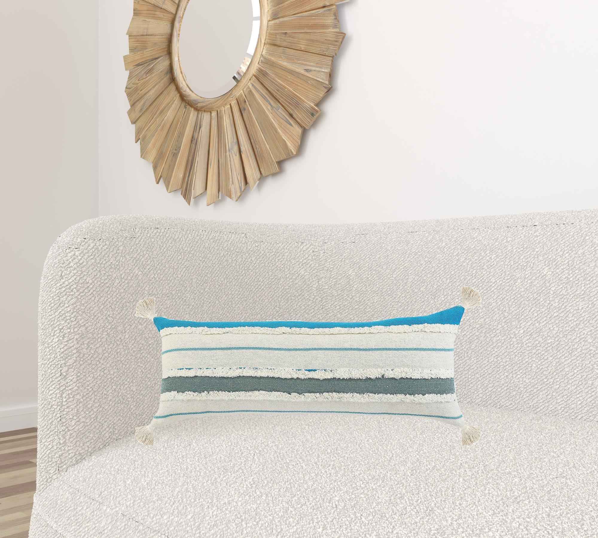 14" X 36" Blue And Off-White 100% Cotton Striped Zippered Pillow