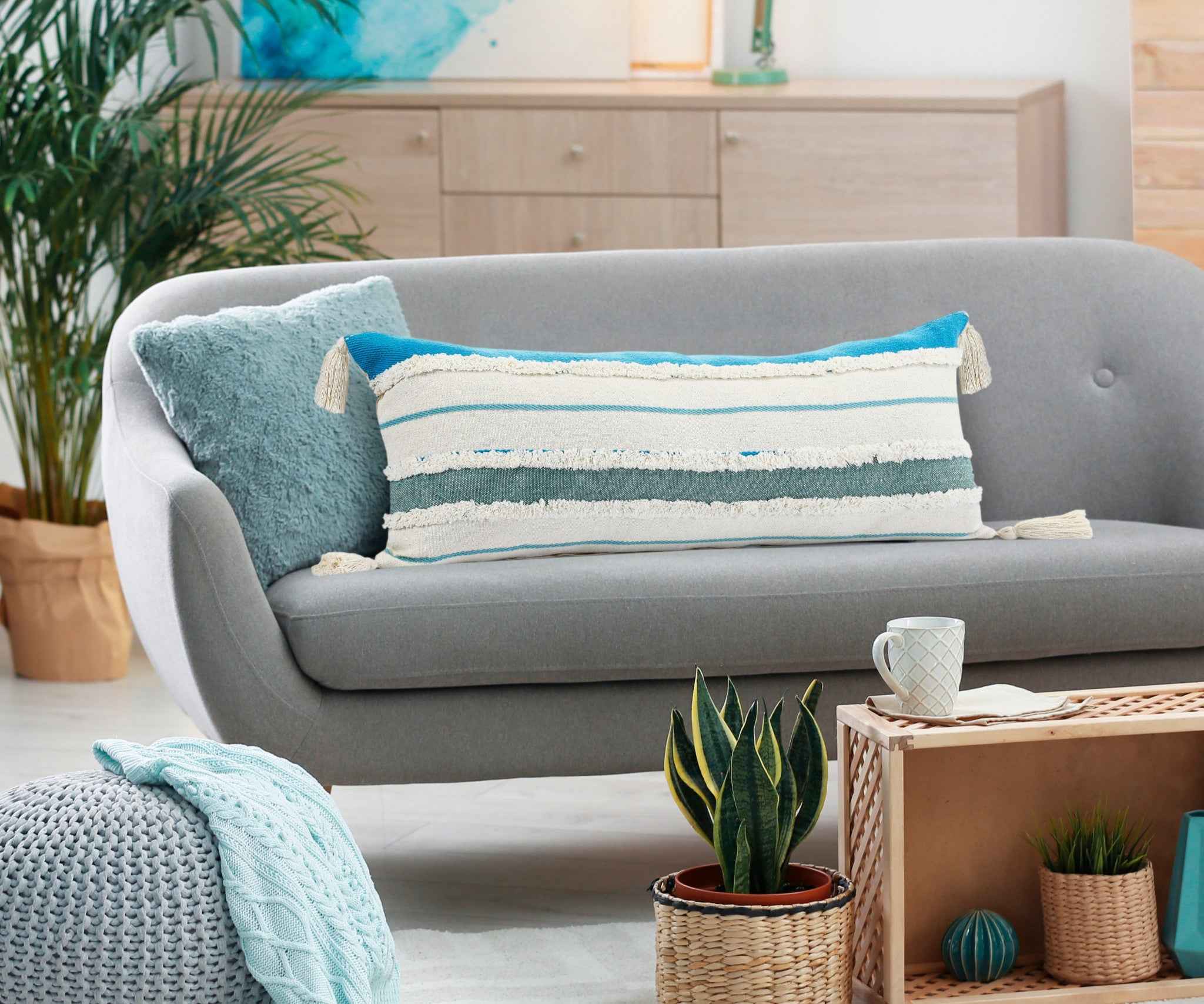 14" X 36" Blue And Off-White 100% Cotton Striped Zippered Pillow