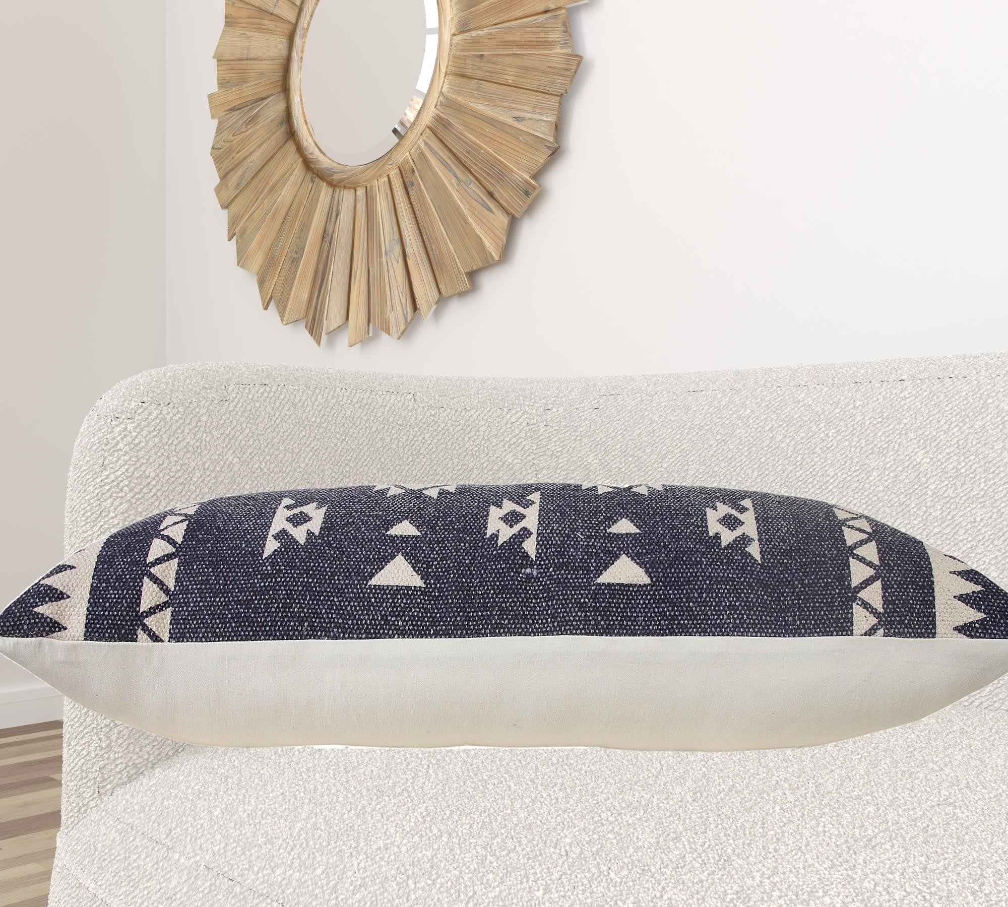 14" X 36" Navy And White 100% Cotton Geometric Zippered Pillow