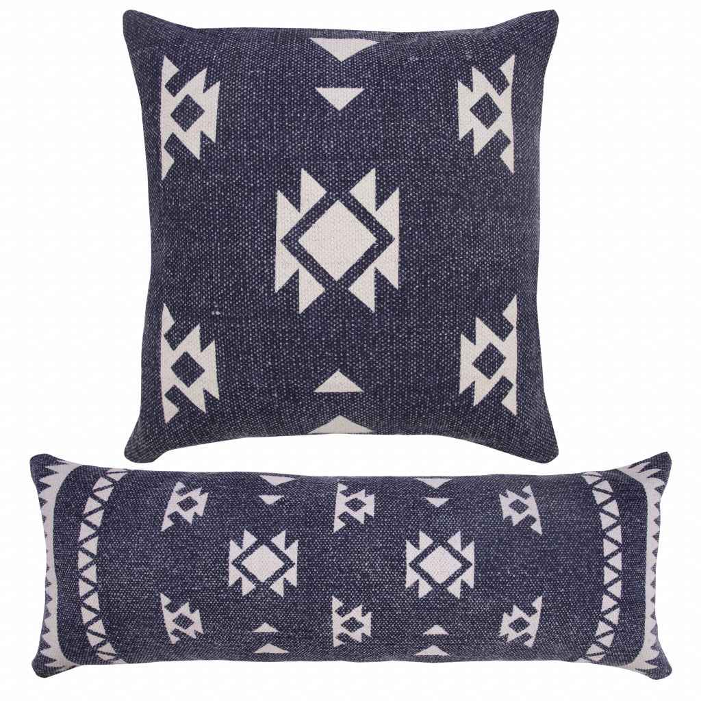 14" X 36" Navy And White 100% Cotton Geometric Zippered Pillow