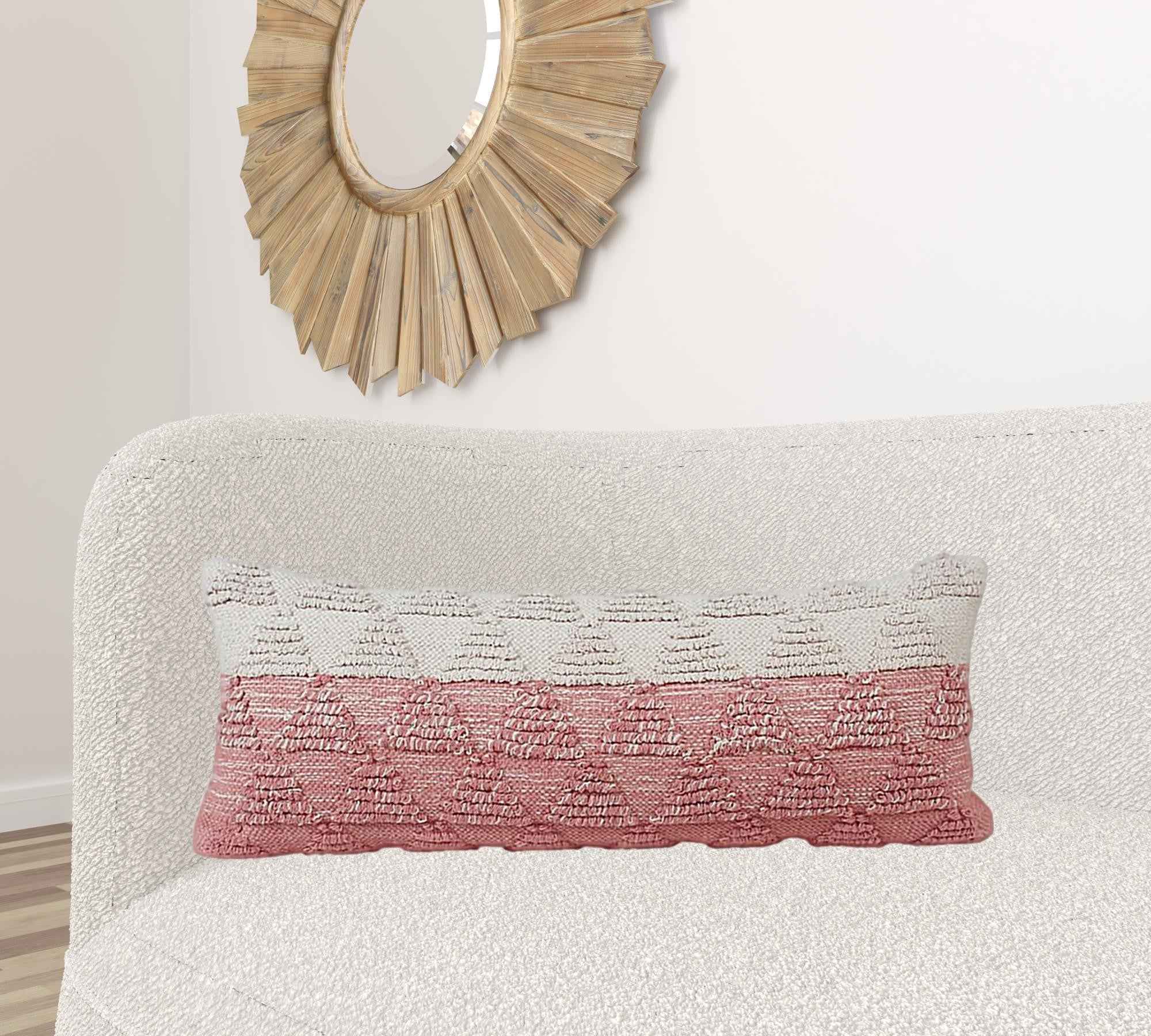 14" X 36" Pink And Off-White 100% Cotton Geometric Zippered Pillow