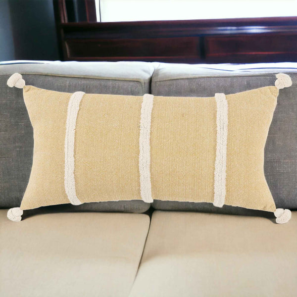 14" X 14" Yellow and White Cotton Pillow With Tassels Edges