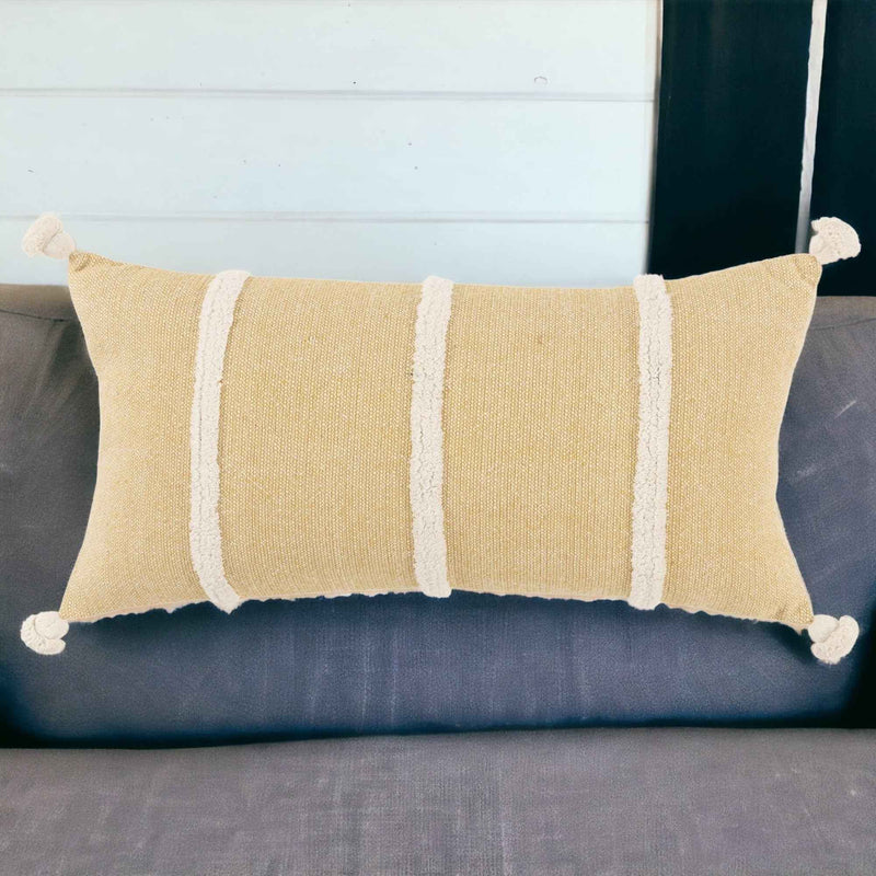 14" X 14" Yellow and White Cotton Pillow With Tassels Edges