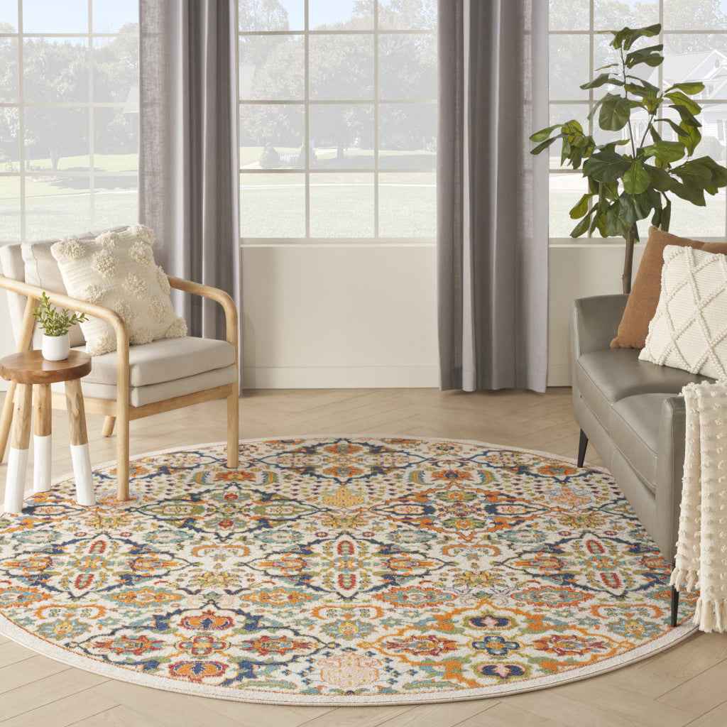 8' Ivory Round Floral Power Loom Area Rug