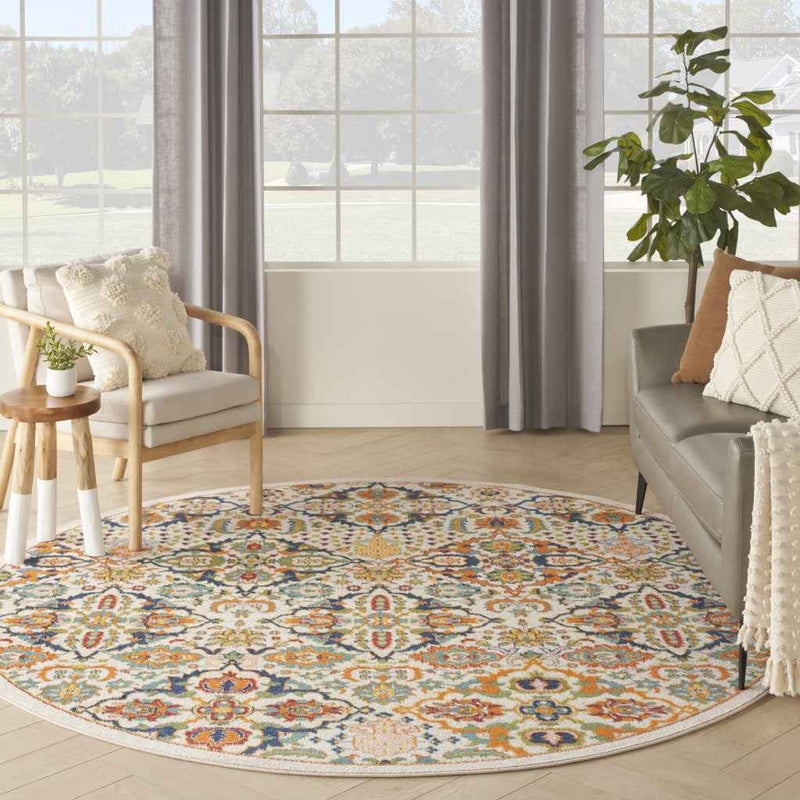 8' Ivory Round Floral Power Loom Area Rug